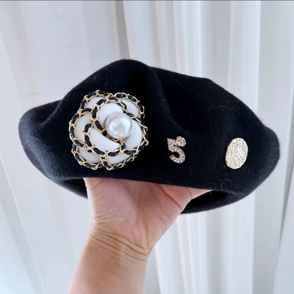 Chic Black Beret with Pearl and Gold Accents